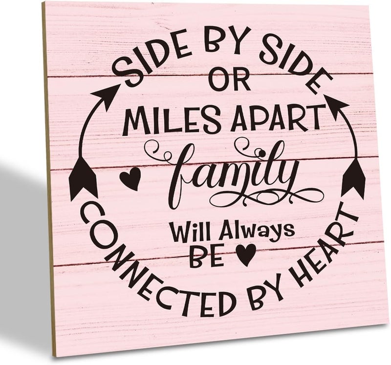 SUSZDOU Family Sign, “Side by Side or Miles Apart, Family Will Always Be Connected by Heart”, Wooden Plaque Table Art Sign 6.2x6.2 Inch, Farmhouse Room Decor, Long Distance Gift for Loved Ones G - Image 1